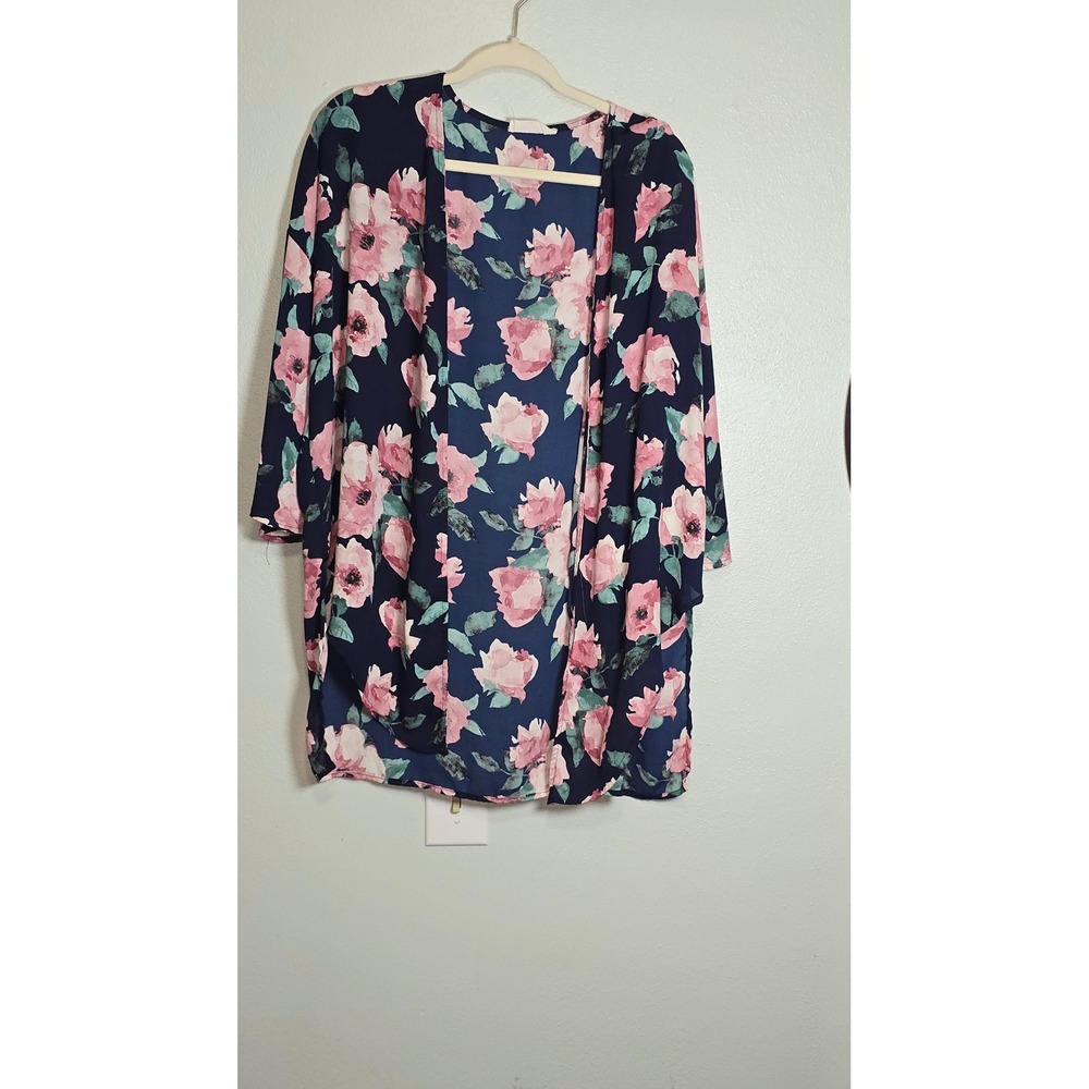 Peach Love California Floral Kimono Cardigan Large Navy Blue Pink Boho Chiffon